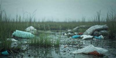 A field of trash and water in the middle of a marsh photo