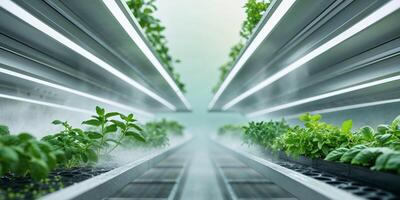 Futuristic multilevel herb farm with LED grow lights and nutrient mist for optimal growth photo