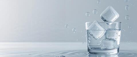 Ice Cubes Falling in Water with Bubbles Refreshing Drink Concept photo
