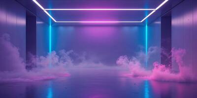 A neon light in a dark room with smoke coming out of it photo