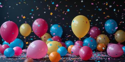 Many colorful balloons and confetti on a black background photo