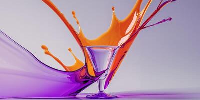 an abstract representation of orange and purple colors splashing over a glass cone with aesthetic view of orange domination. photo
