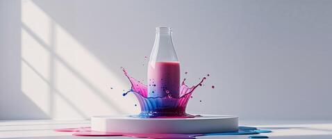 a podium and a milk bottle with berry juice splash For berry milkshake recipes Mockup Summertime For creative advertising Booklets photo