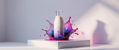 a podium and a milk bottle with berry juice splash For berry milkshake recipes Mockup Summertime For creative advertising Booklets. photo