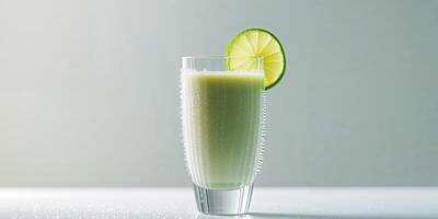 Refreshing coconut lime smoothie served in a tall glass with a garnish of lime. photo