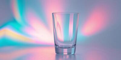 Empty glass shot on colorful illuminated background. photo