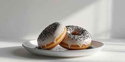 Two donuts with black seeds on top of a white plate. photo