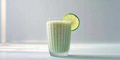 Refreshing coconut lime smoothie served in a tall glass with a garnish of lime photo