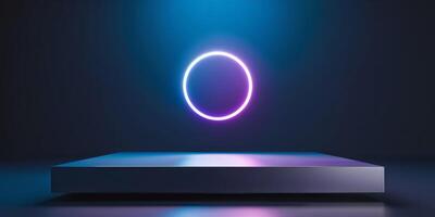 Futuristic Neon Light Abstract Background with Glowing Circle and Platform photo