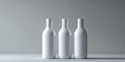 Three White Bottles on a Light Gray Background Mockup photo