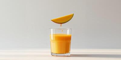 A glass of orange juice with a slice of mango falling into it. photo