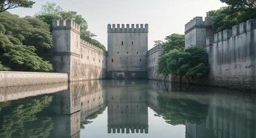 Ancient Fortress with Towering Stone Walls Surrounded by Tranquil Water and Lush Greenery. photo