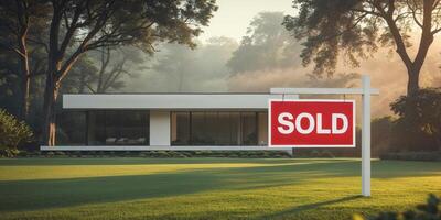 Modern House with Sold Sign in Serene Natural Setting photo