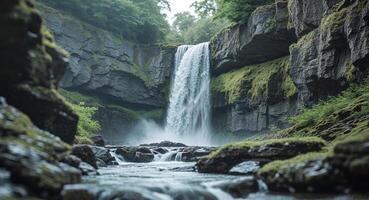 Majestic Waterfall Surrounded by Rocky Cliffs and Serene Stream photo