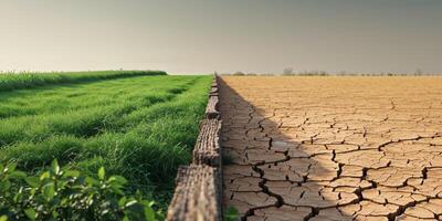 A dry field and a green field with a fence photo