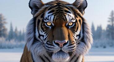 A tiger is standing in the snow with its eyes open photo