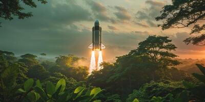 Space rocket launch in the jungle photo