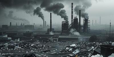 A black and white photo of a factory with smoke coming out of the chimneys