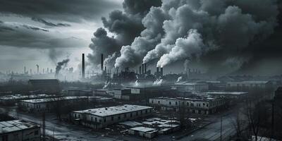 A black and white photo of a factory with smoke coming out of it