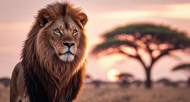 A lion is standing in the middle of a field photo