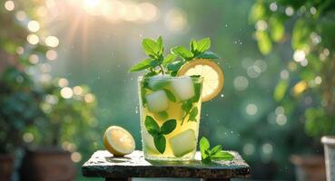 A glass of lemonade with mint leaves and lemon slices photo