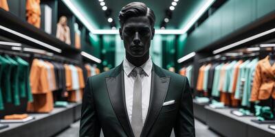 A man in a suit stands in front of a rack of suits photo