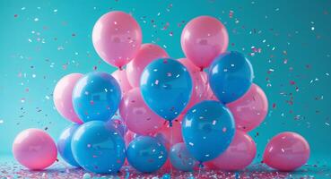 Many pink and blue balloons are scattered on a blue background photo