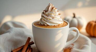 Pumpkin spice latte with whipped cream and cinnamon in a cup. photo
