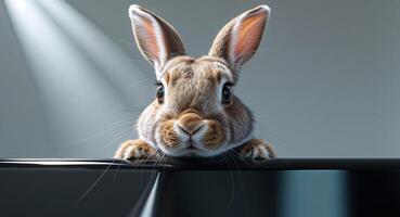 A close up of a rabbit peeking over a black surface photo