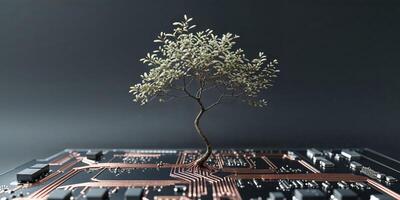 Tree growing on a circuit board representing technology and nature intersection. photo