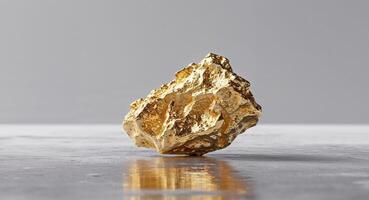 Glimmering gold nugget on reflective surface. photo