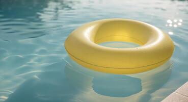 A yellow inflatable ring floating in a pool photo