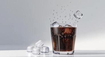 A glass of cola with ice cubes on a white surface photo