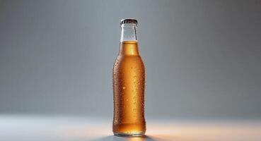 A bottle of beer on a table with a light photo