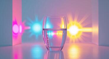 A glass of water with colorful lights in the background photo