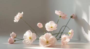 Soft light and delicate petals create a calming atmosphere in a serene indoor setting. photo