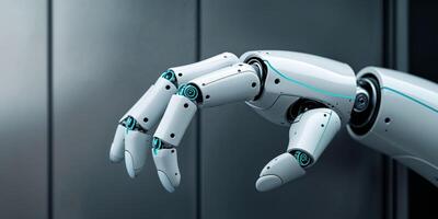Close Up of a White Robotic Hand with Light Blue Accents on a Grey Metallic Background photo
