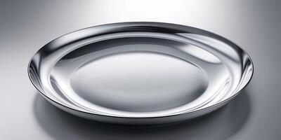 Metal plate with shiny surface and silver gradient background featuring smooth texture and reflective qualities photo