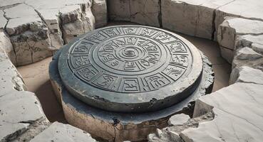 Ancient metallic artifact partially embedded in stone with glyphs photo