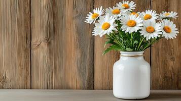 Rustic White Vase with Daisies Wooden Background Spring Flowers photo
