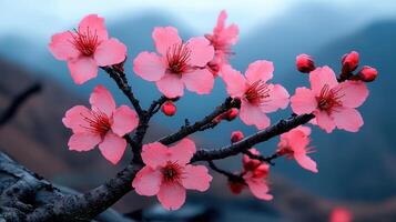 Stunning Pink Cherry Blossoms in Full Bloom on Branch Spring Flowers Nature photo