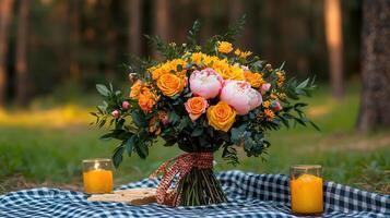 Romantic Orange Pink Peony Bouquet on Picnic Blanket in Forest photo