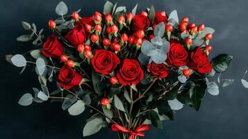 Luxurious Red Roses Bouquet with Eucalyptus and Berries for Romantic Occasions photo