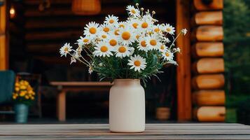 Rustic Cabin Setting with Bouquet of Daisies in Cream Vase Wooden Table photo