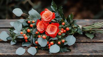 Elegant Coral Roses and Eucalyptus Bouquet on Rustic Wood photo
