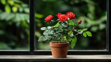 Vibrant Red Roses in Terracotta Pot by Window Blooming Flowers Lush Greenery photo