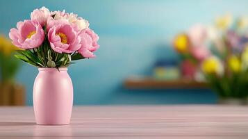 Pink Peonies in a Vase on a Pink Wooden Table Spring Flowers Bouquet Soft Focus Background photo