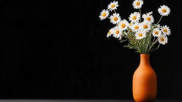 Elegant Bouquet of Daisies in a Terracotta Vase against a Black Background photo