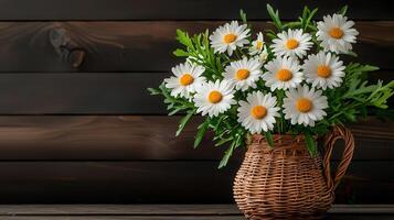 Vibrant White Daisies in Rustic Wicker Vase Dark Wooden Background Floral Arrangement photo