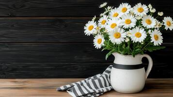Rustic Still Life Daisies in White Pitcher on Dark Wood Background photo